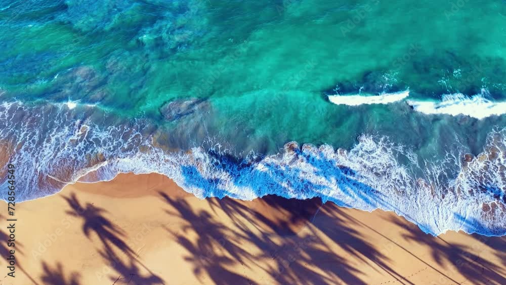 Top view of large sea waves with white foam on a sandy tropical beach. Turquoise wave on yellow pescea. Sea palm coast background. Ocean beach at high tide. Shadows of palm trees.