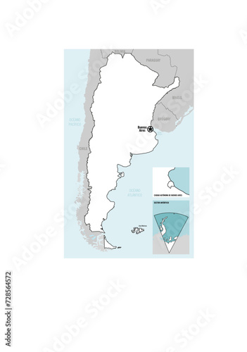 Simple vector map of Argentina in white with capital city marked, Buenos Aires detail, islands, Antarctic sector and neighboring countries in gray. Clean geographic illustration.