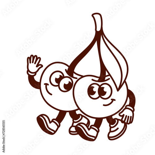 Groovy cartoon monochrome cherry characters walking together. Funny retro two berry friends with leaf hugging, happy friendship mascot, cartoon cherry sticker of 70s 80s style vector illustration