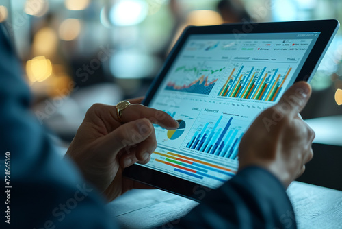 Close-up of hands holding a tablet with detailed financial stock market graphs and data analytics displayed on screen. photo
