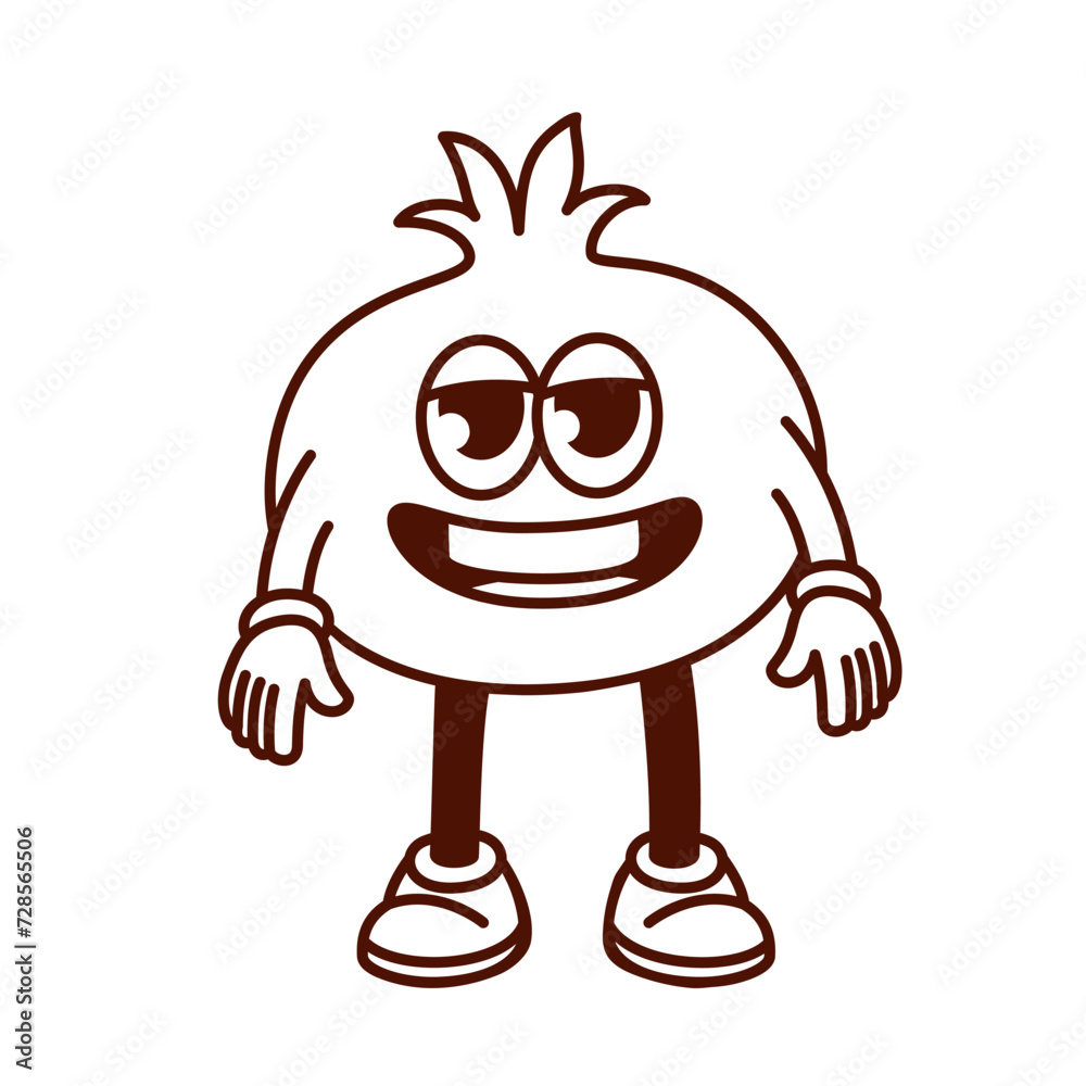 Obraz premium Groovy cartoon monochrome pomegranate character with funny smile. Retro tropical fruit laughing, red pomegranate mascot with arms and legs standing, cartoon food sticker vector illustration