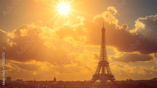 Sunset silhouette of Eiffel Tower during heatwave in Paris, global warming and record temperatures concept.