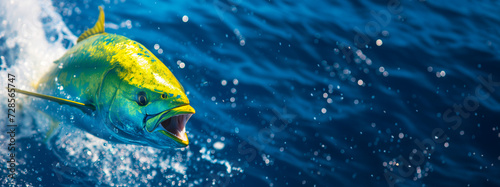 Dynamic image of a mahi-mahi leaping from the sea, a thrilling moment for deep sea fishing enthusiasts. Wide banner with copy space.