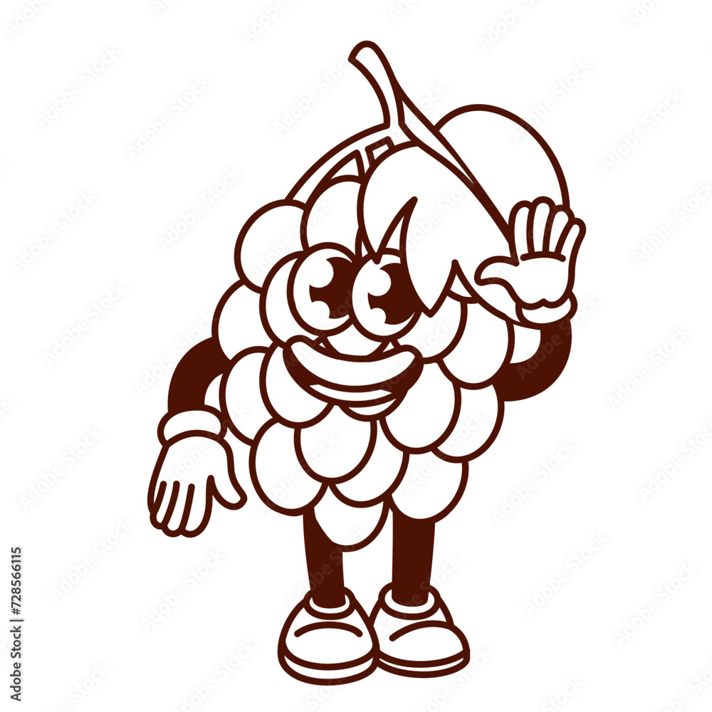 Groovy cartoon monochrome bunch of grapes character greeting. Funny retro sweet berry fruit waving with laughter, wild grapes mascot, cartoon food dessert sticker of 70s 80s style vector illustration Groovy cartoon monochrome bunch of grapes character greeting. Funny retro sweet berry fruit waving with laughter, wild grapes mascot, cartoon food dessert sticker of 70s 80s style vector illustration