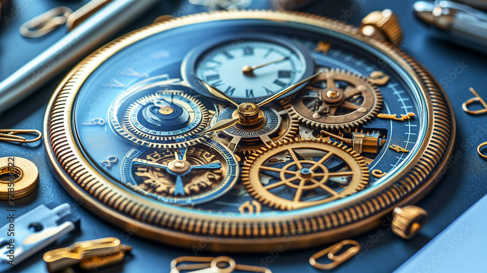 close-up of an intricate watch mechanism with visible gears and cogs, set against a dark blue background alongside various watch parts