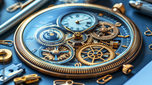 close-up of an intricate watch mechanism with visible gears and cogs, set against a dark blue background alongside various watch parts