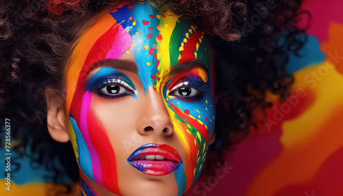 Portrait of a woman with a rainbow paint on her face , LGBQ or happy holi concept