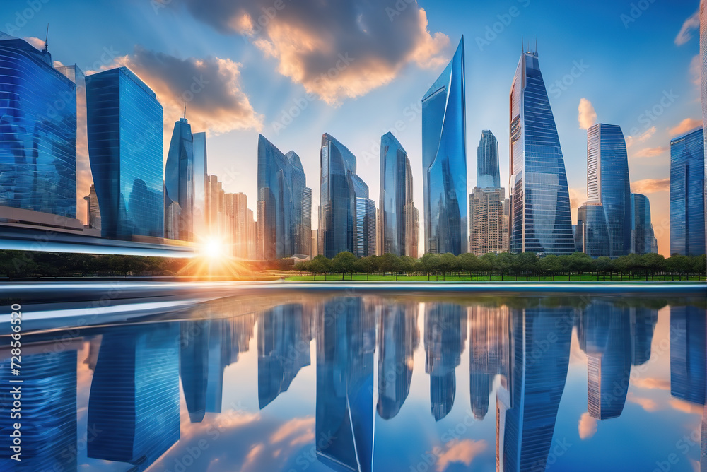 Obraz premium High-rise glass curtain wall skyscraper in a prosperous and modern big city