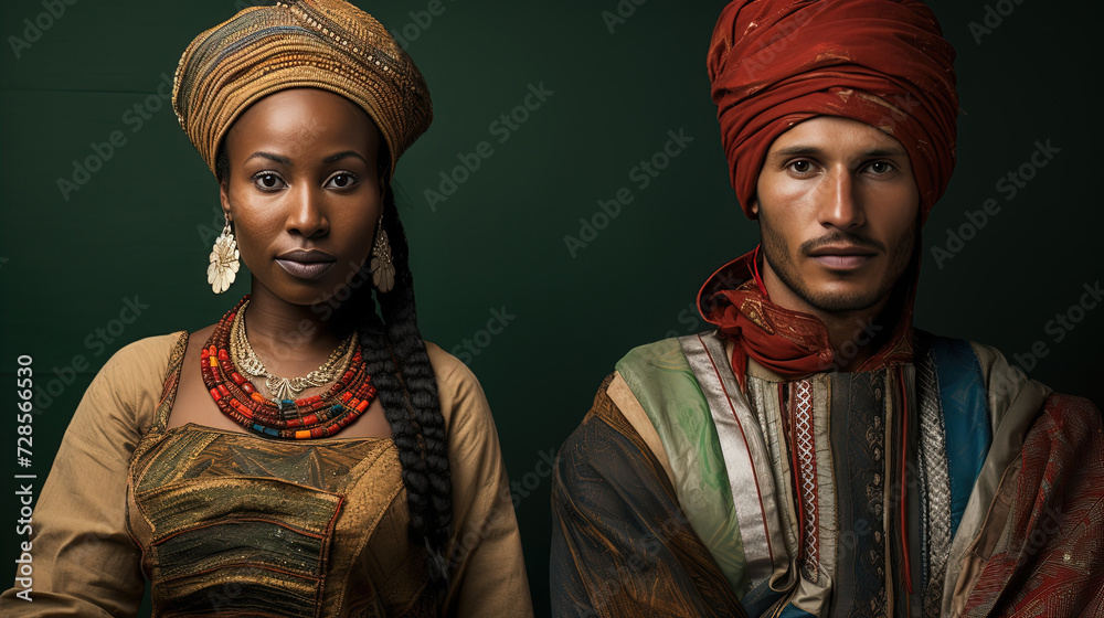 Through the Timeless of Traditional Clothing and Customs Celebrated by Men and Women - obrazy, fototapety, plakaty 