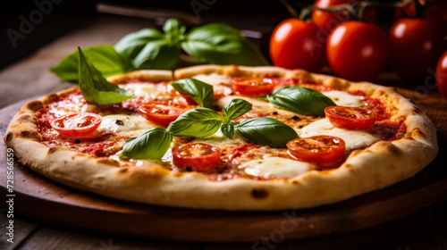 close up of pizza margherita with cherry tomatoes and basil leaves
