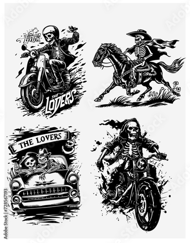skeleton skull  ride motorcycles set. 