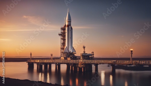 Sunset Countdown: Space Rocket Poised for Launch at Dusk