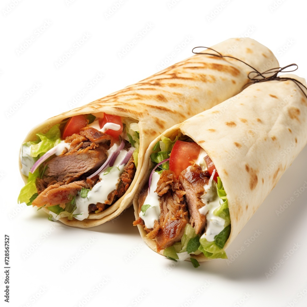 Savor the Fusion: Fully Loaded Chicken Shawarma on a Crisp White Canvas. This Culinary Delight Unveils a Symphony of Flavor, Combining Succulent Chicken, Fresh Ingredients, and Middle Eastern Spice, A