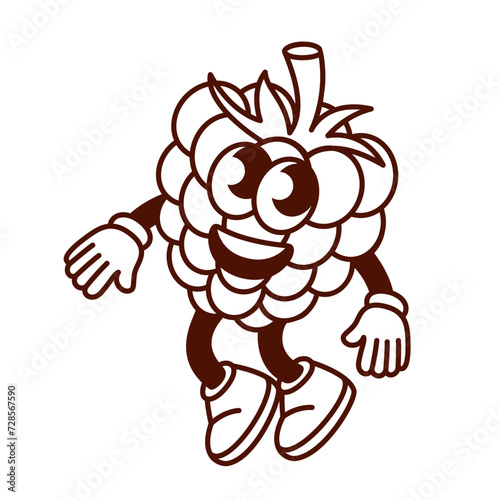 Groovy cartoon happy monochrome raspberry character jumping. Funny retro berry with arms and legs, fun jump of raspberry mascot. Cartoon emoticon and sticker of 70s 80s style vector illustration
