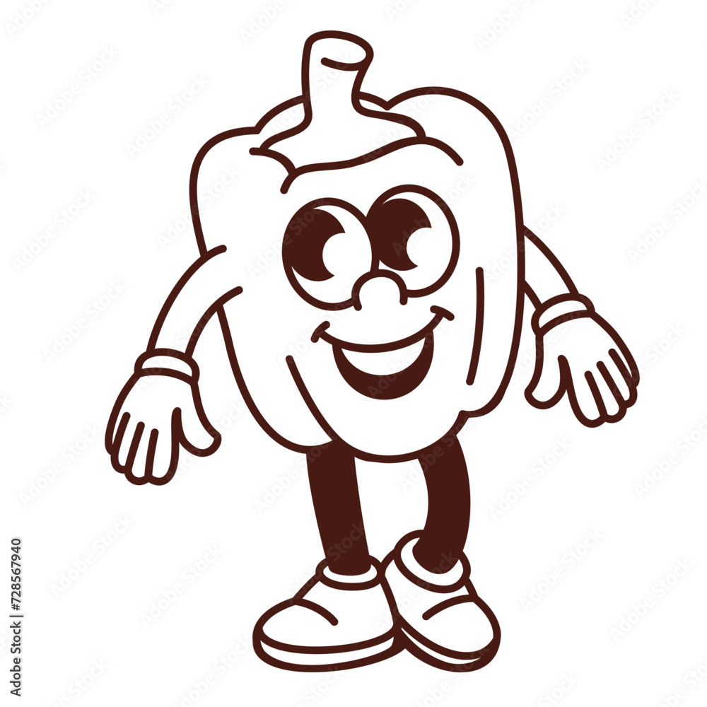 Groovy cartoon monochrome bell pepper character with happy expression on face. Funny retro vegetable smiling, comic paprika mascot, cartoon organic pepper sticker of 70s 80s style vector illustration Groovy cartoon monochrome bell pepper character with happy expression on face. Funny retro vegetable smiling, comic paprika mascot, cartoon organic pepper sticker of 70s 80s style vector illustration