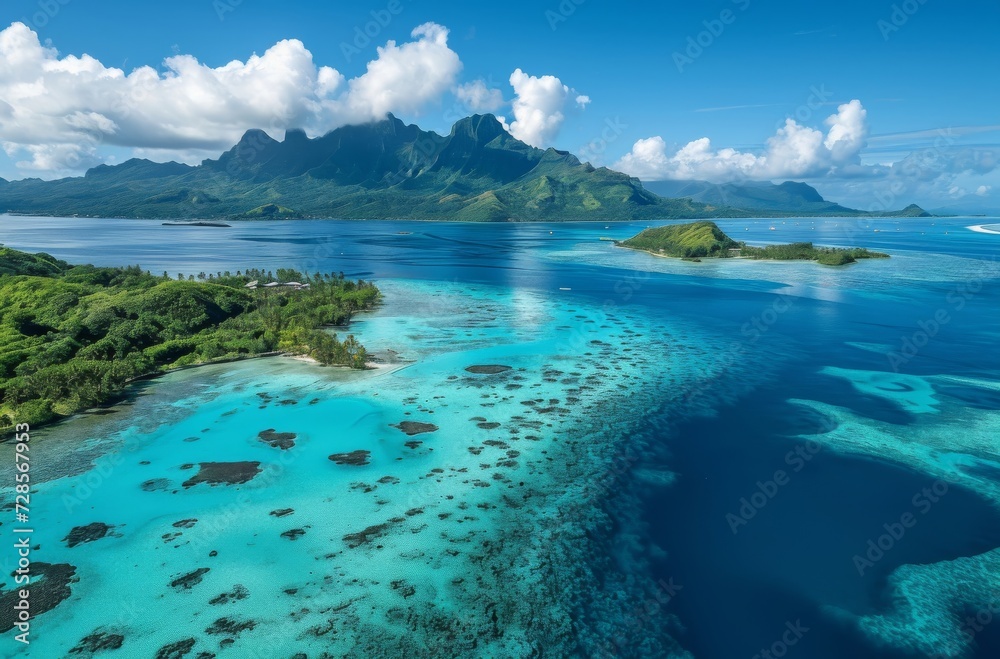 Lush greenery and clear turquoise waters under a majestic mountain range and fluffy clouds, depicting the serene beauty of French Polynesia