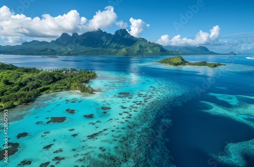 Lush greenery and clear turquoise waters under a majestic mountain range and fluffy clouds, depicting the serene beauty of French Polynesia