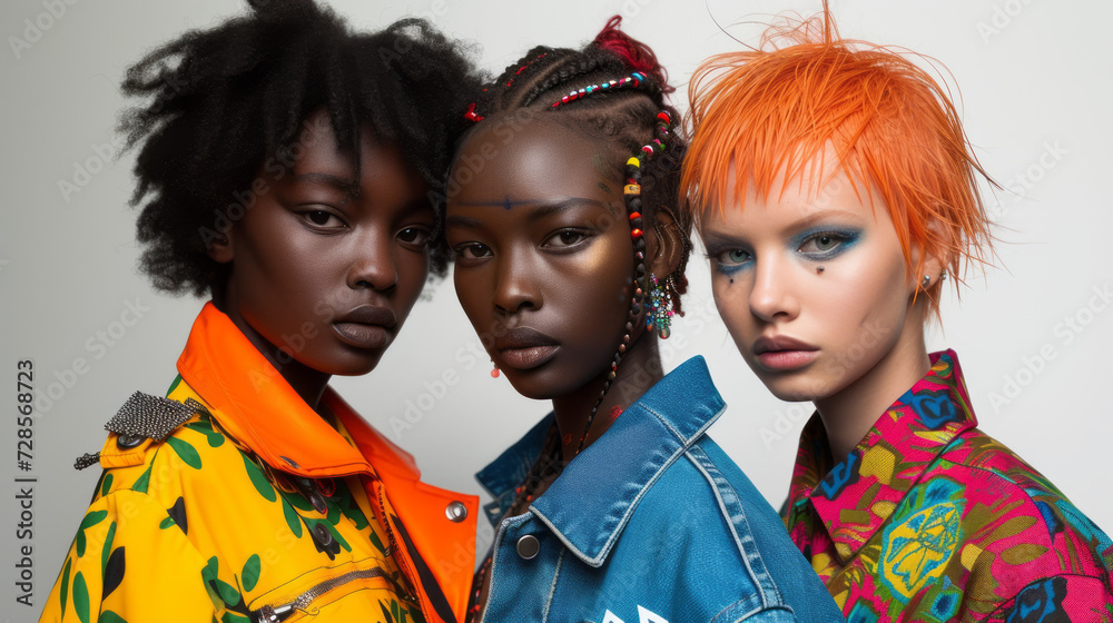 Close-up portrait of three multiethnic young women in bright clothes close to each other on a white background. Beautiful African and Caucasian girls with stylish haircuts. Diversity in fashion. Close-up portrait of three multiethnic young women in bright clothes close to each other on a white background. Beautiful African and Caucasian girls with stylish haircuts. Diversity in fashion.