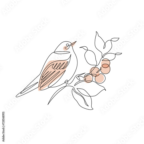 Abstract small bird perched on berries tree branch. Bird on a branch continuous one line drawing