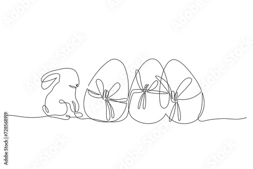 Abstract bunny, eggs with ribbons. Easter bunny rabbit continuous one line drawing