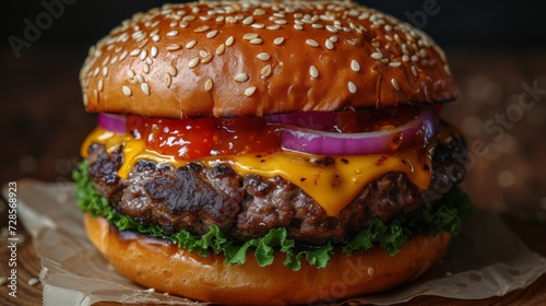  "Close-up d'un cheeseburger classique avec sesame, steak, fromage fondu, tomate, oignon rouge et laitue, sur planche en bois."