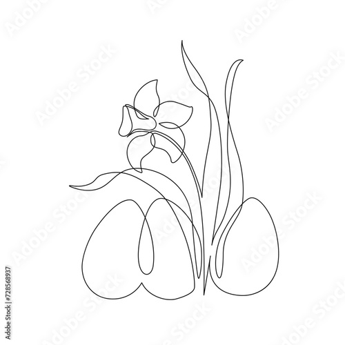 Abstract eggs, blooming narcissus flower background. Easter continuous one line drawing