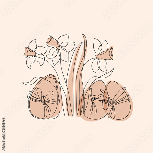 Abstract eggs, narcissus flower shapes background. Easter continuous one line drawing