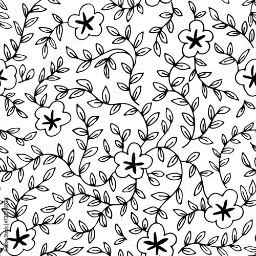 Abstract small ditsy seamless pattern. Blooming flowers continuous one line drawing.