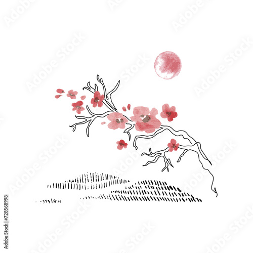 Sakura branch line art, watercolor flowers on mountains background