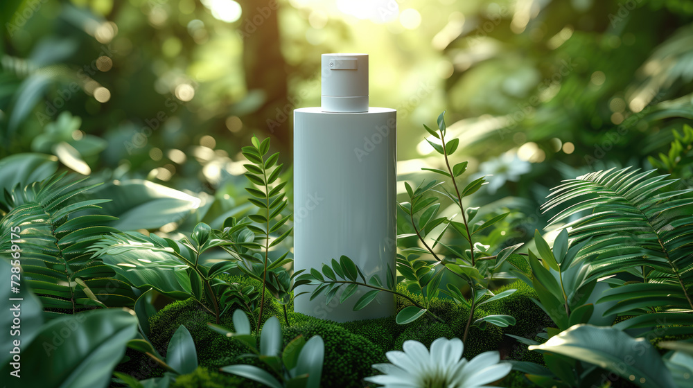 blank serums or cosmetic pack in tropical forest for product presentation on green background blank serums or cosmetic pack in tropical forest for product presentation on green background