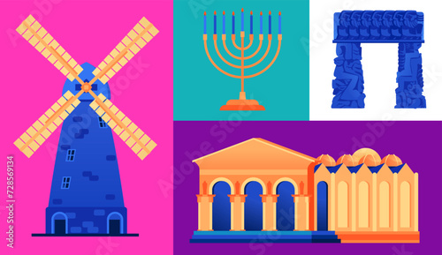Architecture and features of Israel - set of flat design style illustrations. Colored images of Church of All Nations, Gate of Faith in Jaffa, menorah and Montefiore Windmill. Countries and cities