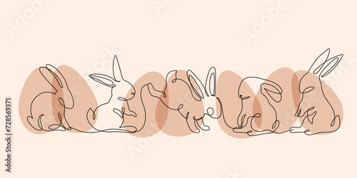Abstract bunnies set on eggs background. Easter bunny rabbit continuous one line drawing.