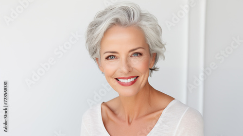 Happy smiling adult 50s aged woman looking at camera portrait isolated on white background, Healthy face skin care beauty, middle age skincare cosmetics, cosmetology concept