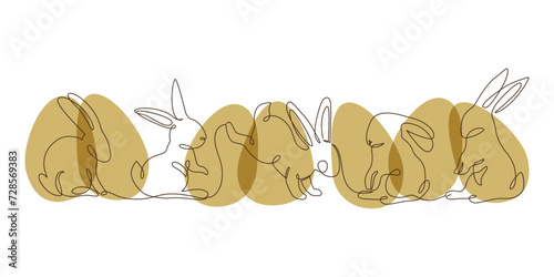 Abstract bunnies set on eggs background. Easter bunny rabbit continuous one line drawing.