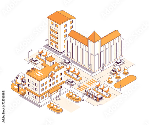 Public buildings on the street - vector isometric illustration. Hospital, bank, office and residential high-rise construction, highway with cars, bus and ambulance, pedestrians crossing the road