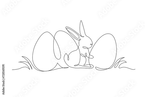 Abstract bunny, eggs on grass. Easter bunny rabbit continuous one line drawing