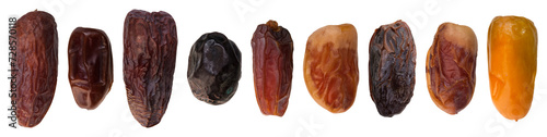 Types of dates, varieties of dates isolated on transparent background. Different types on sizing and species of date palms. photo