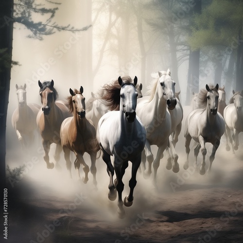 a horse herd in a misty  enchanted forest  creating an ethereal atmosphere.