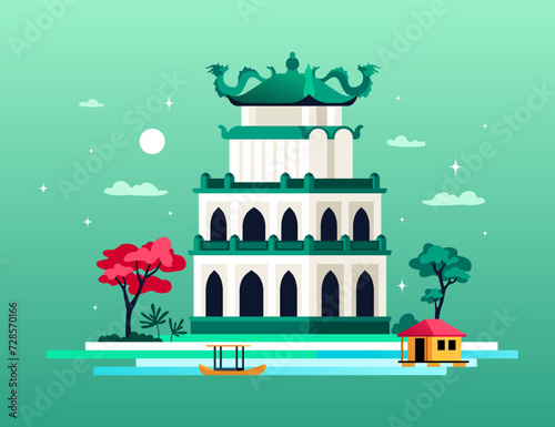 Lake of the Returned Sword - modern colored vector illustration with asian temple against the background of the starry sky and moon. The boat floats on the water, the peaceful landscape of asia