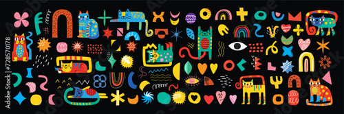 Collection with cute cats, decorative abstract illustrations with colorful doodles, geometric shapes. Hand-drawn modern illustration with cats, flowers, abstract elements
