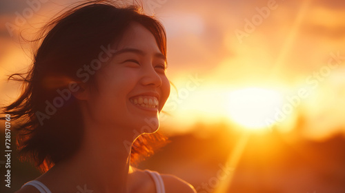 Radiant Serenity: A Womans Enchanting Grin Amidst the Setting Sun © Ilugram