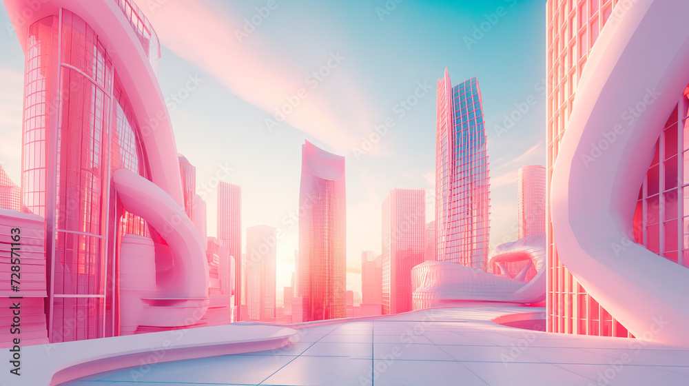 The Enchanting Hues: A Mesmerizing Metropolis Embraced by Pink Skyscrapers and a Vivid Blue Sky