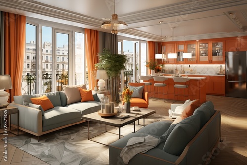 Cozy apartment room in apricot color scheme with stylish furnishings and warm lighting