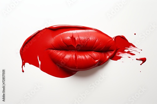 Bold red lipstick smear on white - iconic beauty product with rich color and texture