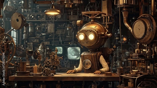 Old robot working in a steampunk laboratory