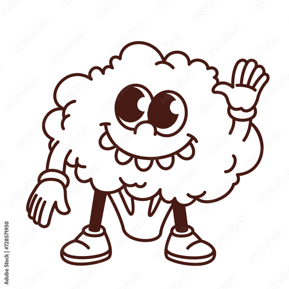 Obraz premium Groovy cartoon monochrome broccoli character waving with funky smile. Funny retro vegetable smiling with teeth and hand up, broccoli mascot, cartoon food sticker of 70s 80s style vector illustration