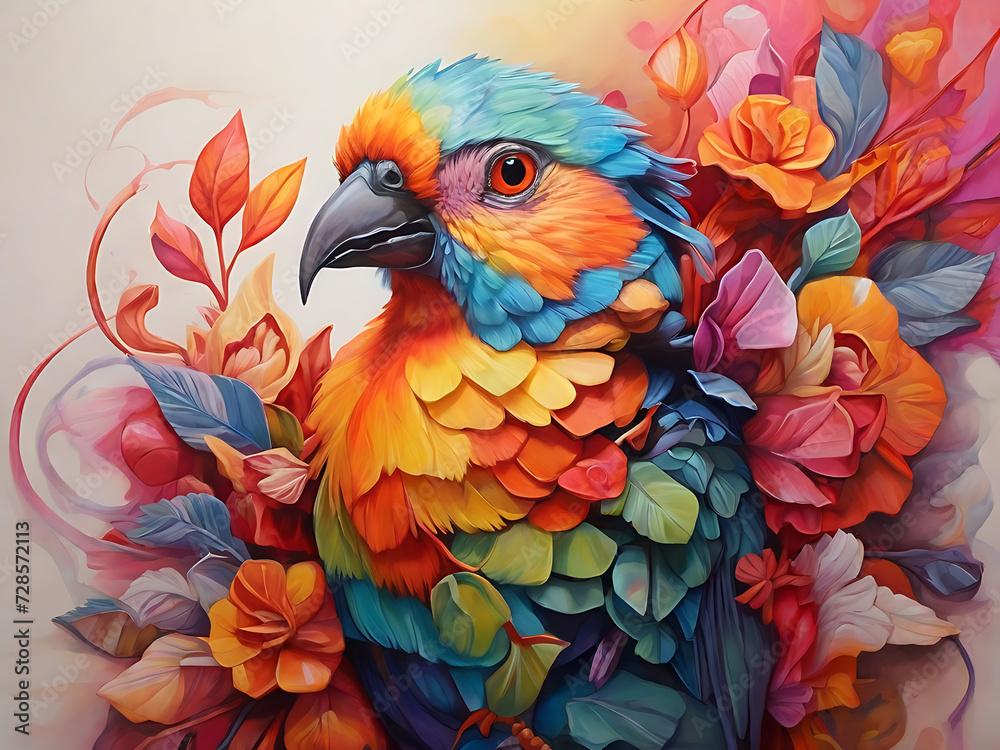Obraz premium A colorful macaw bird with flowers.