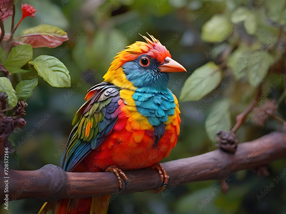 A colorful macaw bird with flowers.