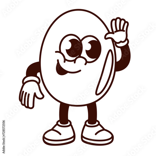 Groovy cartoon monochrome soya bean character with hand up. Funny retro happy seed with comic face waving, cheerful soybean mascot in greeting pose, cartoon food sticker of 70s 80s style vector