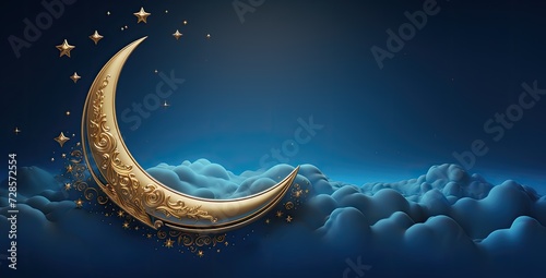  a golden, shiny metal crescent moon, Ramadan, Eid Mubarak